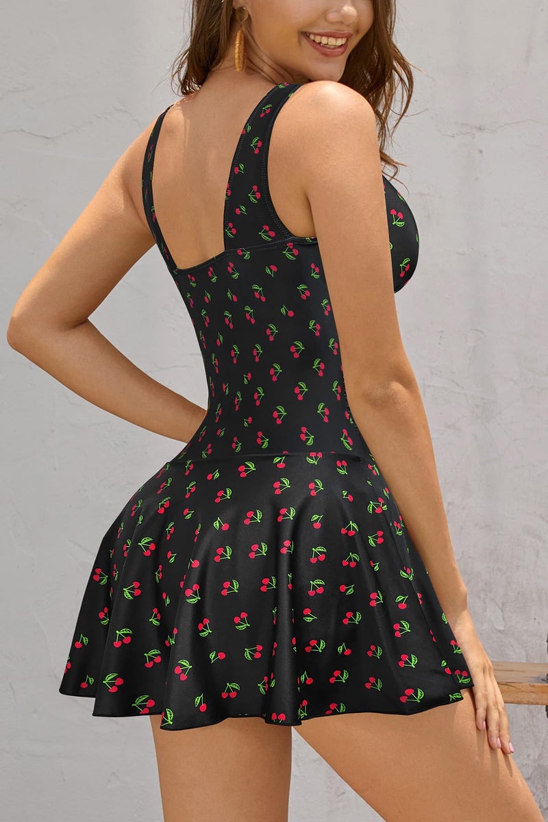 SHEKINI Women's V Neck One Piece Skirt Swimsuit Ruched Retro Swimdress Bathing Suit (X-Large, Black-Cherry) - Image 4